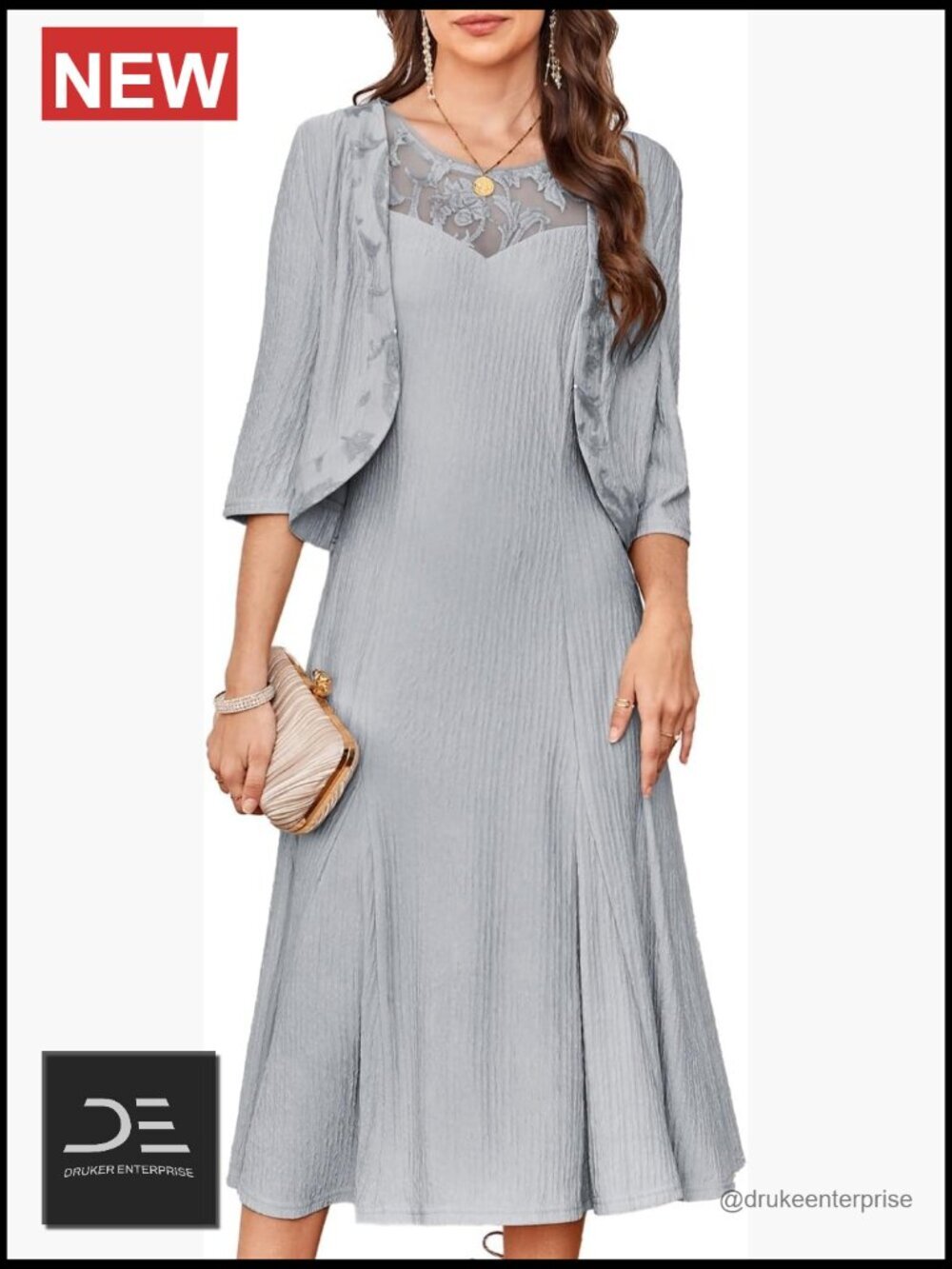 Two-Piece Lace Sequins Midi Dress with Jacket - Formal Evening Dress